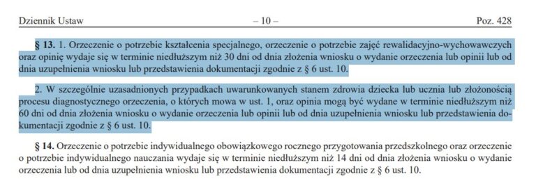 Fragment Dziennika Ustaw z przepisami o terminach wydawania orzeczeń (§ 13 i § 14)