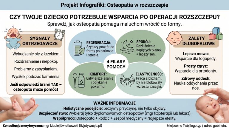 Infografika: czy Twoje dziecko potrzebuje wsparcia osteopaty po operacji rozszczepu - sygnały ostrzegawcze, cztery filary pomocy (regeneracja, spokój, komfort, elastyczność) i zalety długofalowe